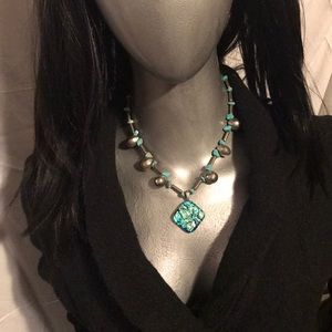 Silver turquoise necklace with glass pendent